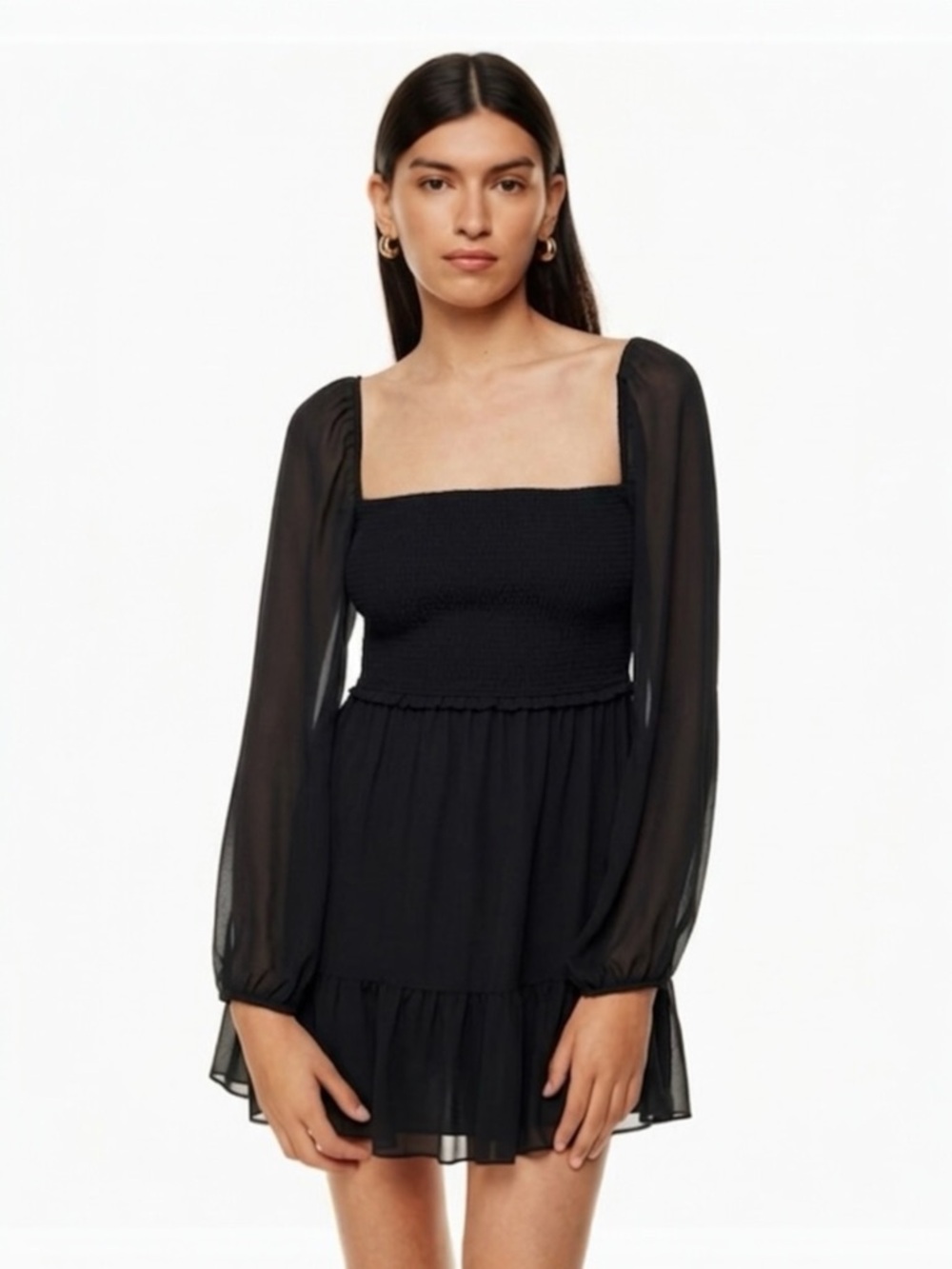 Aritzia Wilfred Tempest Dress Black Long Sleeve Smocked Mini Size S LBD Party